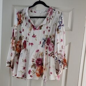 Floral Print Women's Blouse - White and Pink
